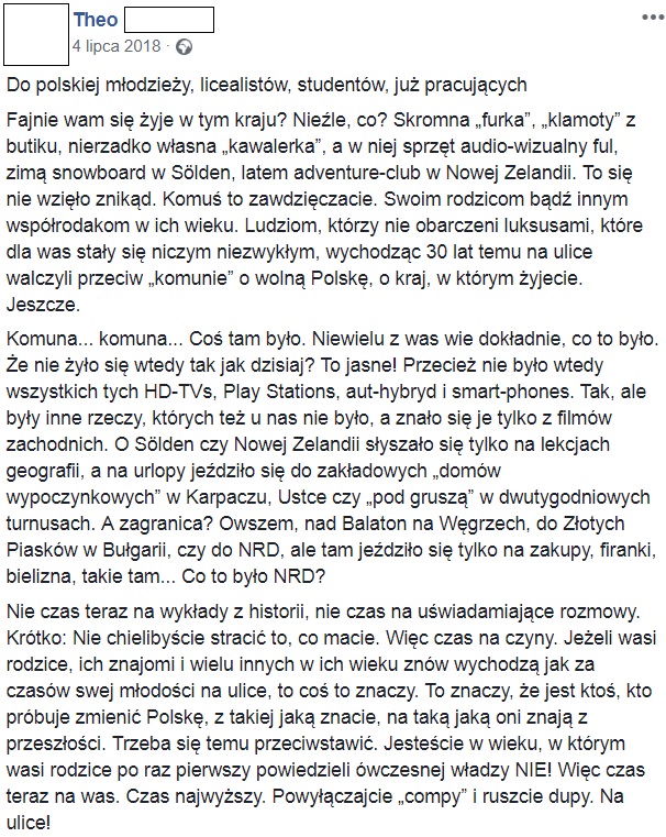 Post na Facebooku zawierający refleksje autora na temat życia w Polsce, porównując przeszłość z teraźniejszością i aktualne wyzwania młodzieży oraz pracy w kraju.