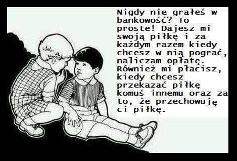 Ilustracja przedstawiająca dwóch chłopców rozmawiających, jeden z nich wyjaśnia zasady gry w bankowość przy użyciu piłki.