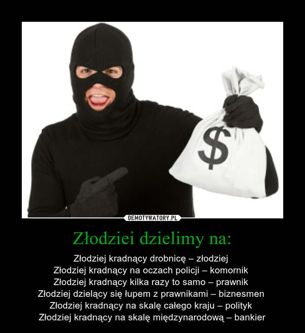 Mężczyzna w czarnej masce trzyma torbę z symbolem dolara, prezentując komiczny uśmiech. W tle tekst podzielający rodzaje złodziei.