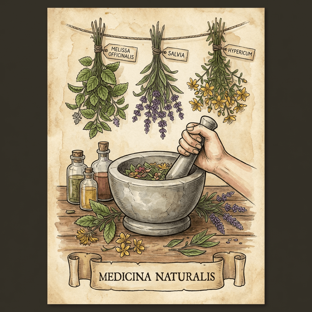 Botanical illustration with labels Melissa Officinalis, Salvia, Hypericum, and a banner reading Medicina Naturalis.