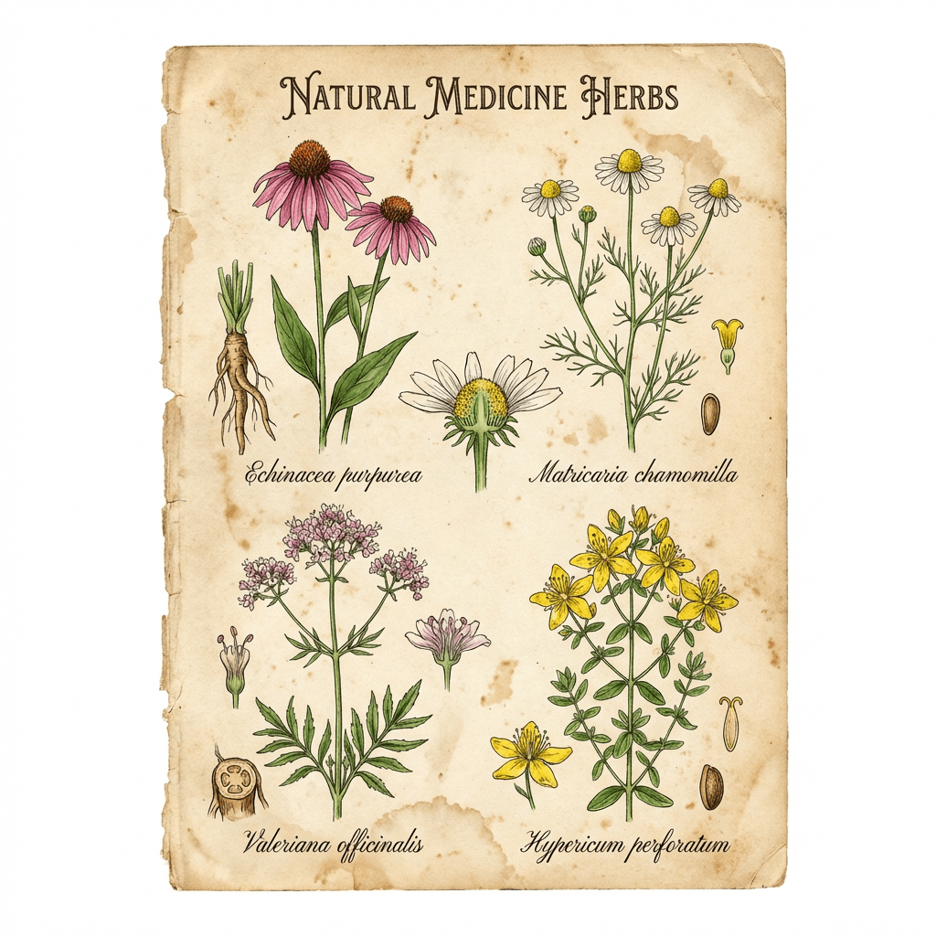 Botanical chart titled Natural Medicine Herbs featuring Echinacea, Matricaria chamomilla, Valeriana officinalis, and Hypericum perforatum.