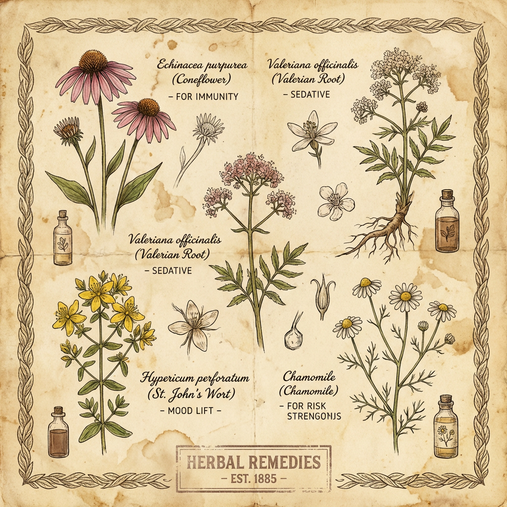 Botanical chart of Echinacea, Valeriana, St. John's Wort, and Chamomile with medicinal uses.