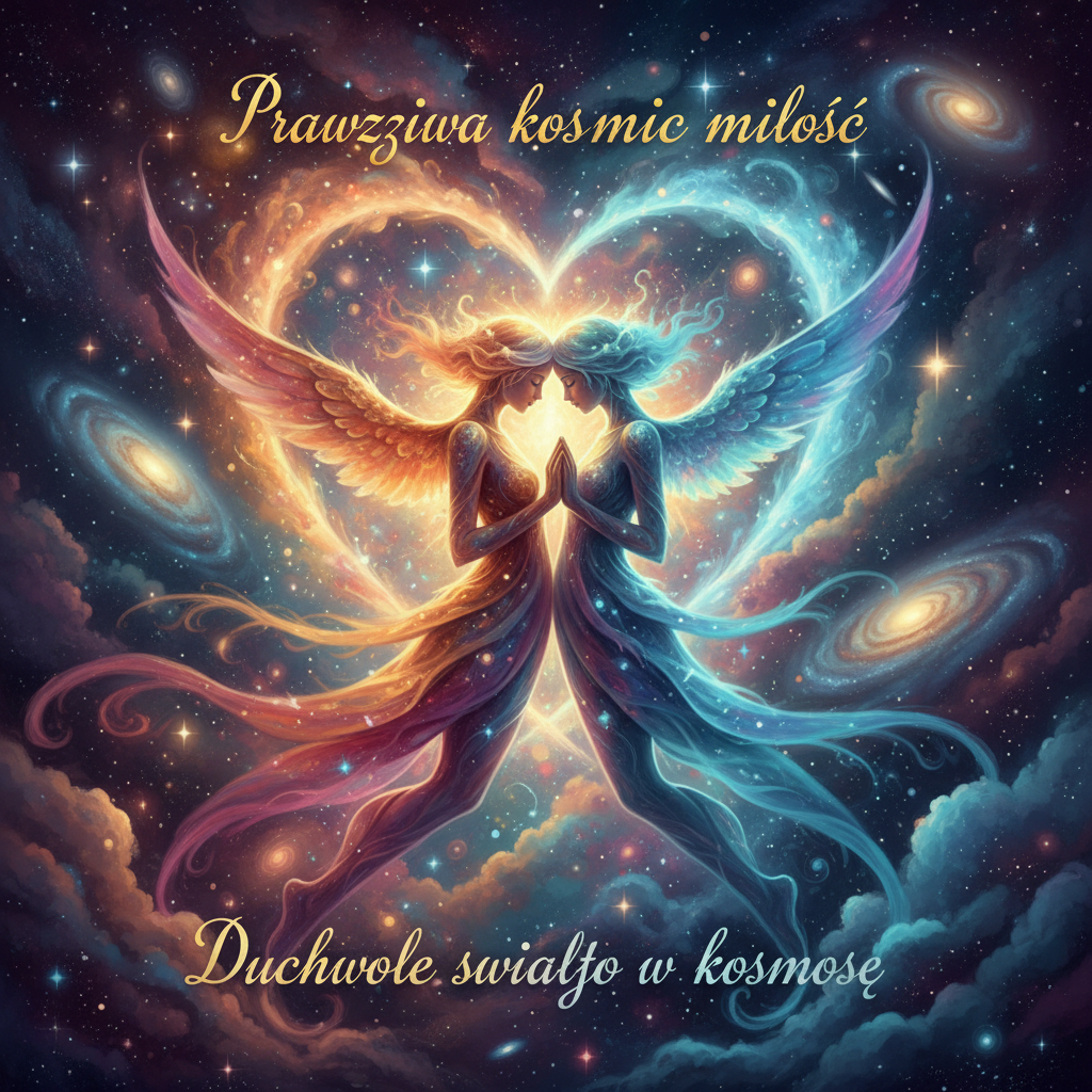 Two winged figures forming a heart. Text: Prawzziwa kosmic miłość, Duchwole swiałto w kosmosę.