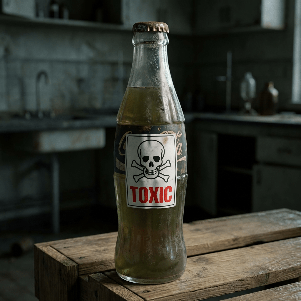 Dusty glass bottle with a skull and crossbones label that says TOXIC.