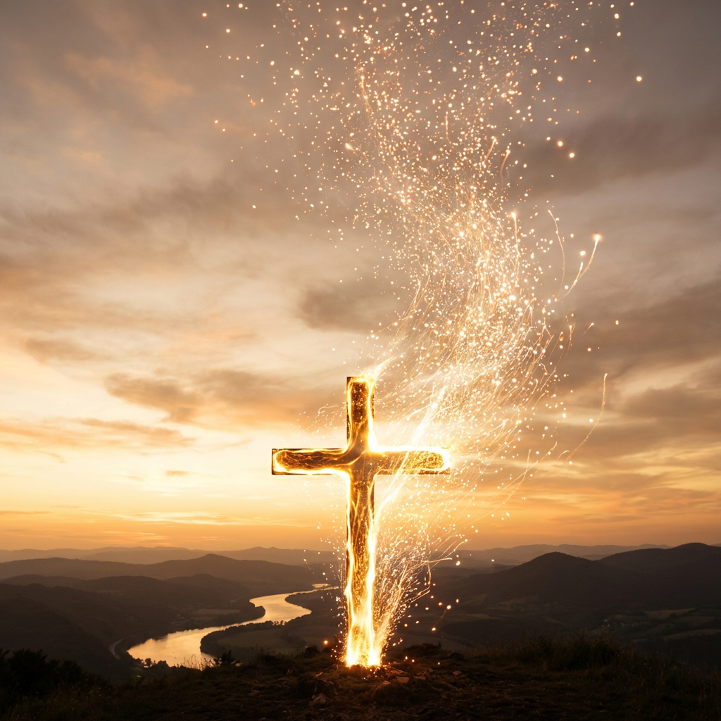 Glowing cross transforming into rising light particles