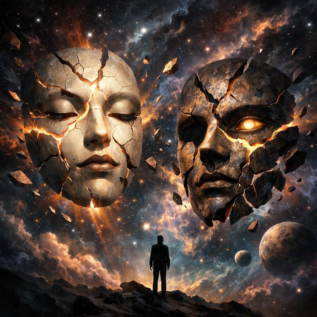 Two massive cracked stone faces floating in space with a small human figure standing on rocky ground below
