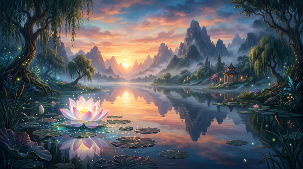Glowing lotus flower on lake with willow trees and pagoda under colorful sunset sky