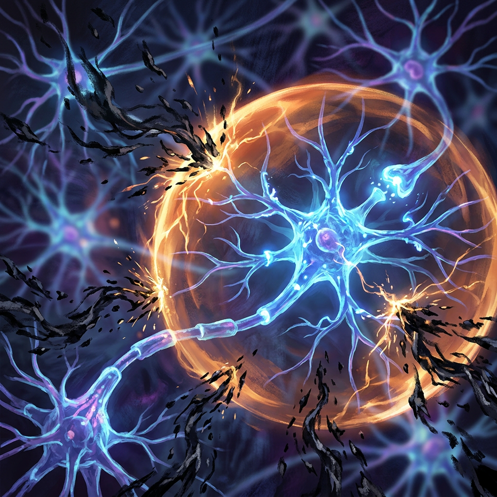 Bright blue neurons emitting light surrounded by dark destructive particles