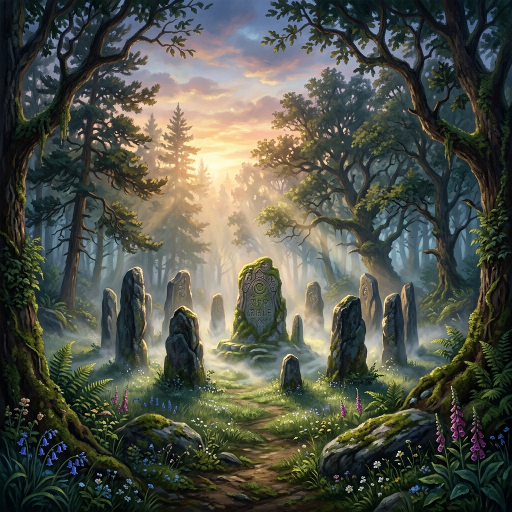 Ancient moss-covered standing stones arranged in a circle in a misty forest clearing at sunrise