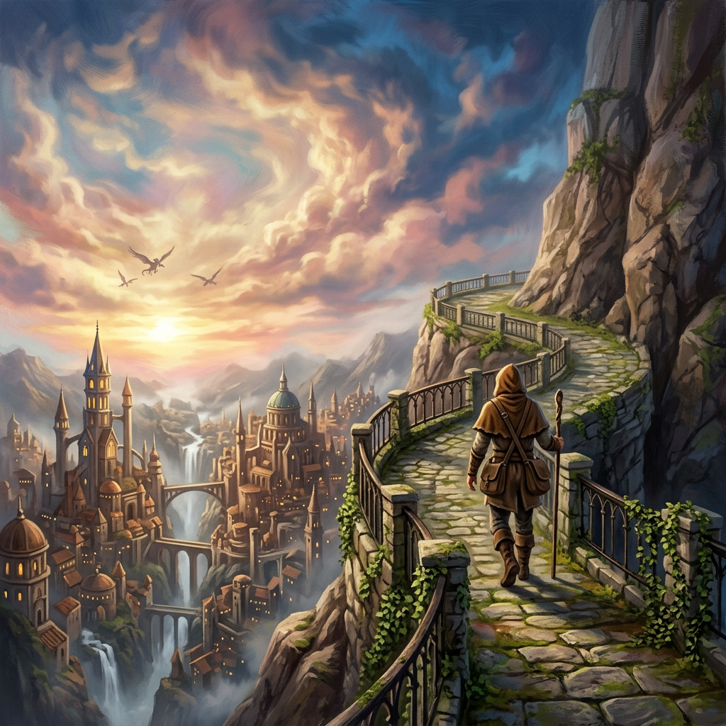 Traveler walking on stone path along mountain cliff overlooking a large fantasy city at sunset with dragons flying overhead