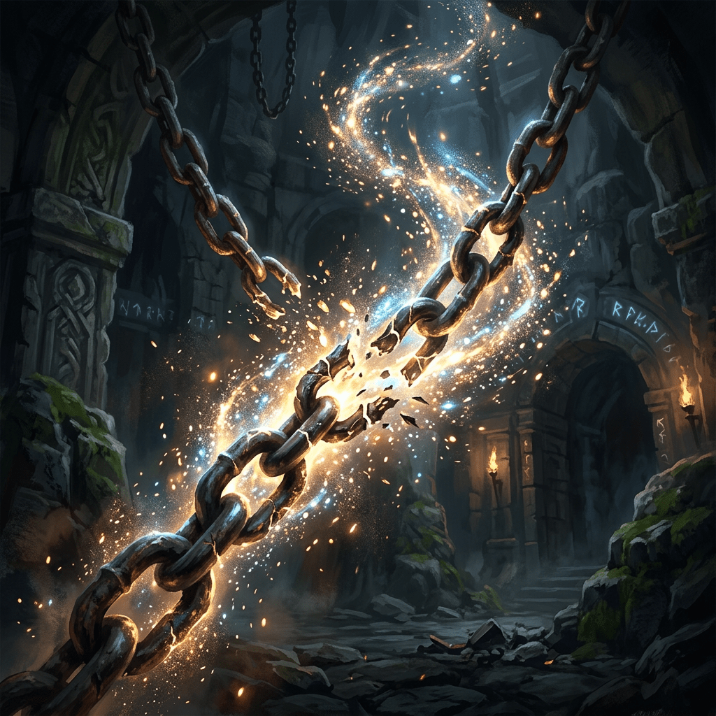 Glowing chain breaking with magical sparkles in dark ancient stone ruins