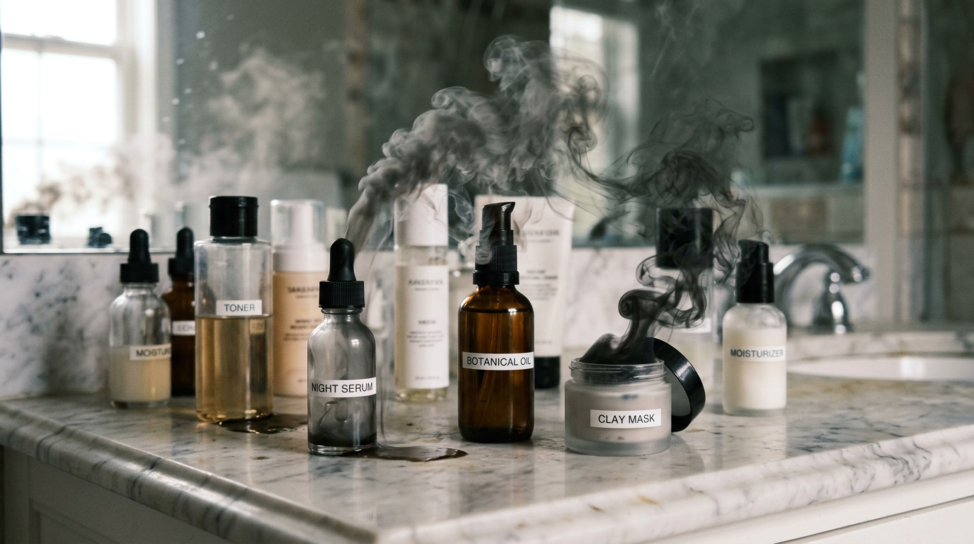 Skincare bottles labeled toner, night serum, botanical oil, clay mask, and moisturizer on marble counter with smoke rising from clay mask and botanical oil containers.