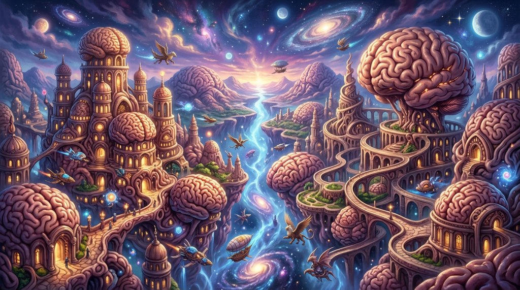A surreal cityscape featuring buildings shaped like human brains, with winding pathways, flying airships, and mythical creatures beneath a colorful cosmic sky.