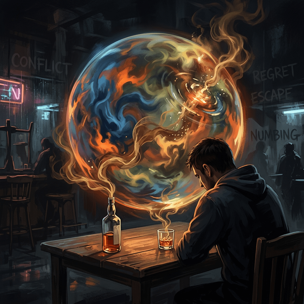 Man sitting alone at a bar table with a whiskey bottle and glass, a fiery swirling orb rising above with words conflict, regret, escape, numbing