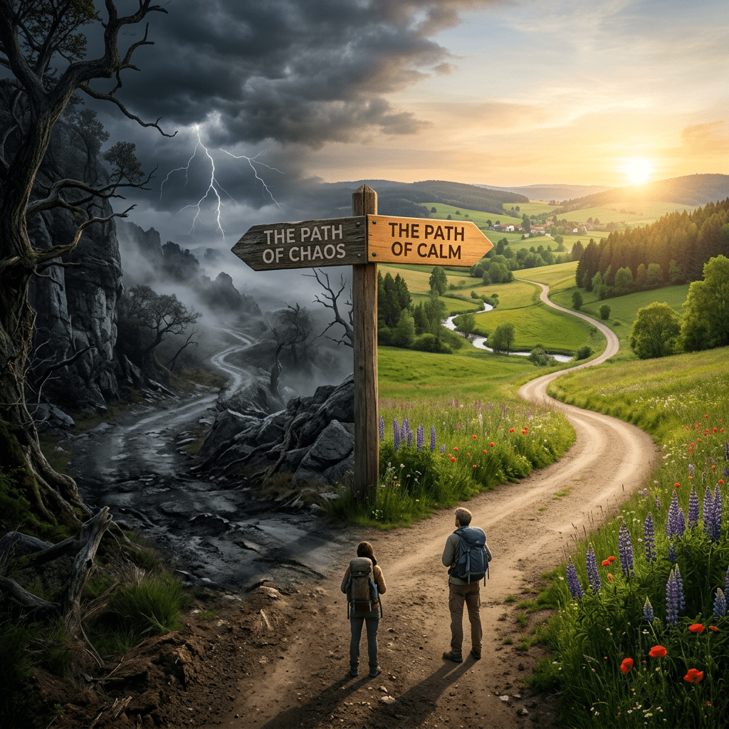 Two hikers stand at a fork where signs indicate 'The Path of Chaos' to a stormy dark road and 'The Path of Calm' to a sunny green countryside.