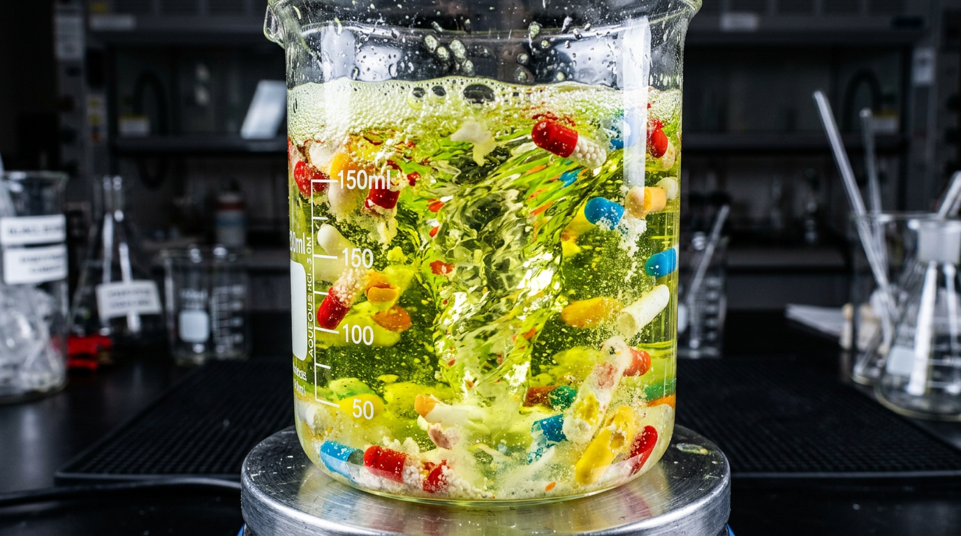 Beaker with yellow liquid and colorful capsules swirling in a vortex