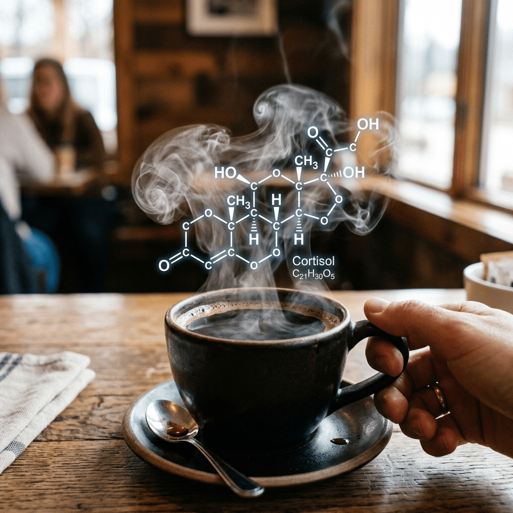 Steaming coffee cup with cortisol molecular structure graphic