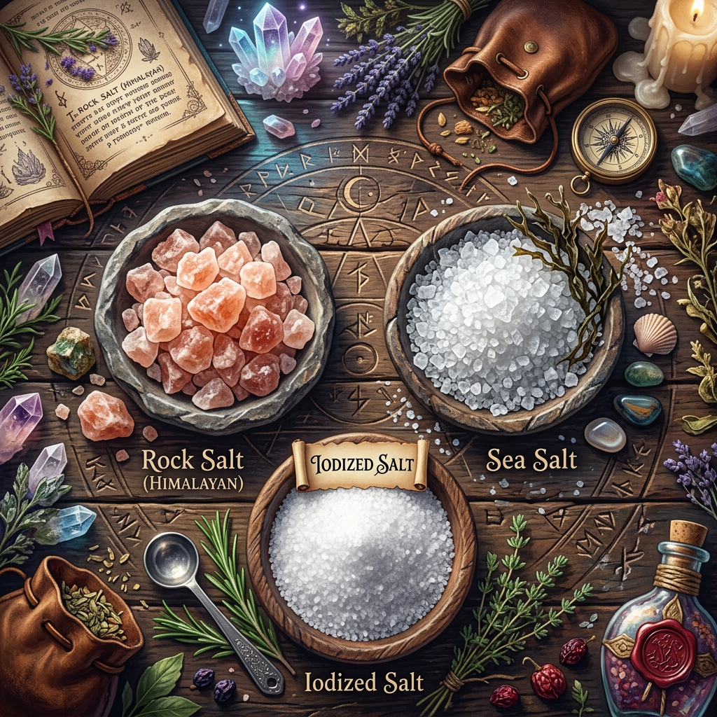 Bowls of Himalayan rock salt, iodized salt, and sea salt on a wooden table with herbs, crystals, compass, and an open book.