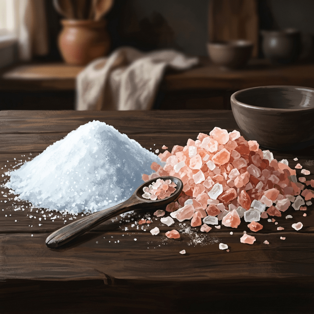 Piles of white fine salt and pink coarse salt on a wooden table with a wooden spoon and bowl.