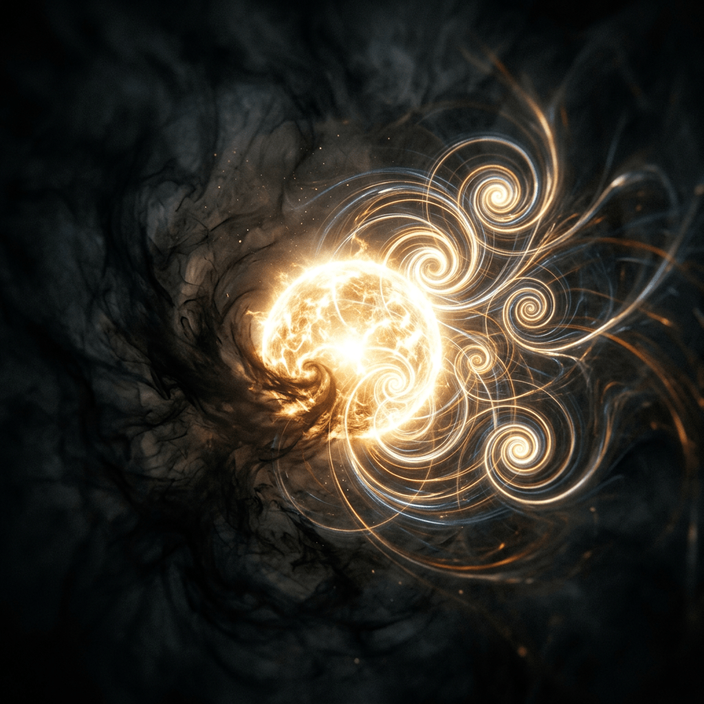 Glowing bright orb with multiple spiraling light trails in dark background