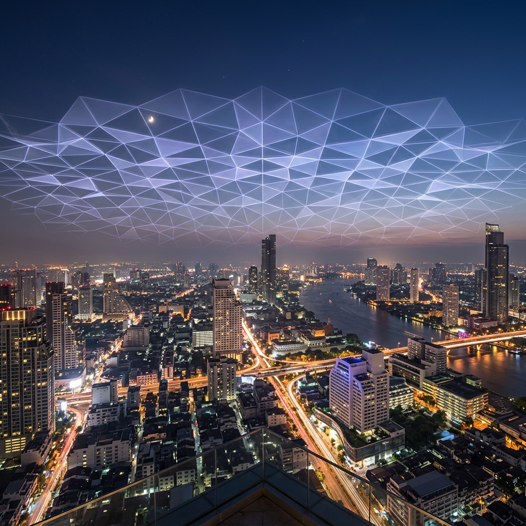 City skyline under translucent luminous geometric grid