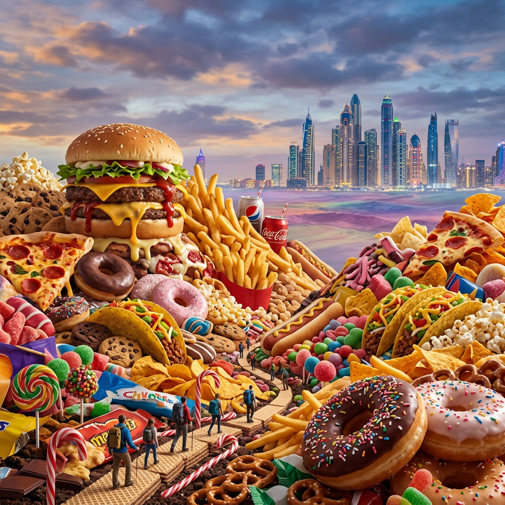 Miniature people hiking on snack path surrounded by giant burgers, fries, donuts, pizza, and candies with city skyline in background
