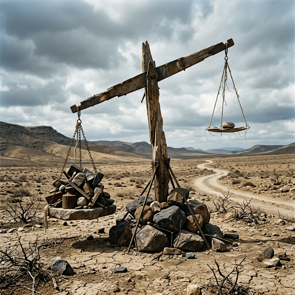 Rustic balance scale with metal objects on one side and a single stone on the other in a barren desert