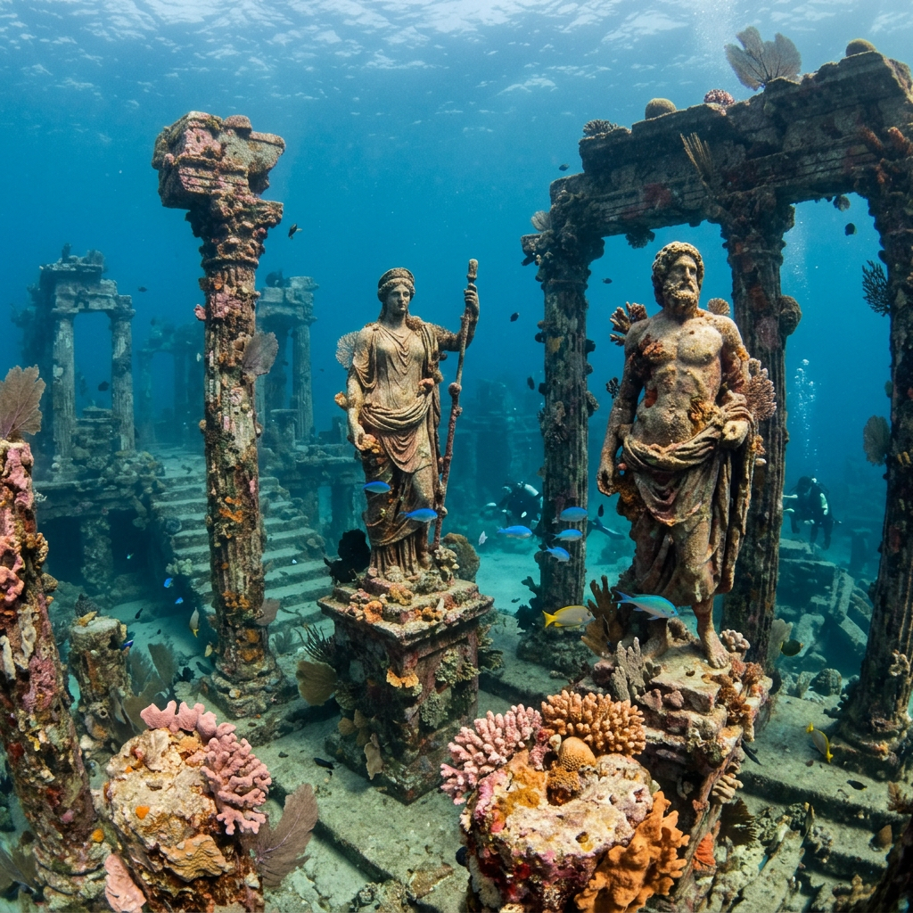 Ancient Greek statues and columns underwater surrounded by coral and fish