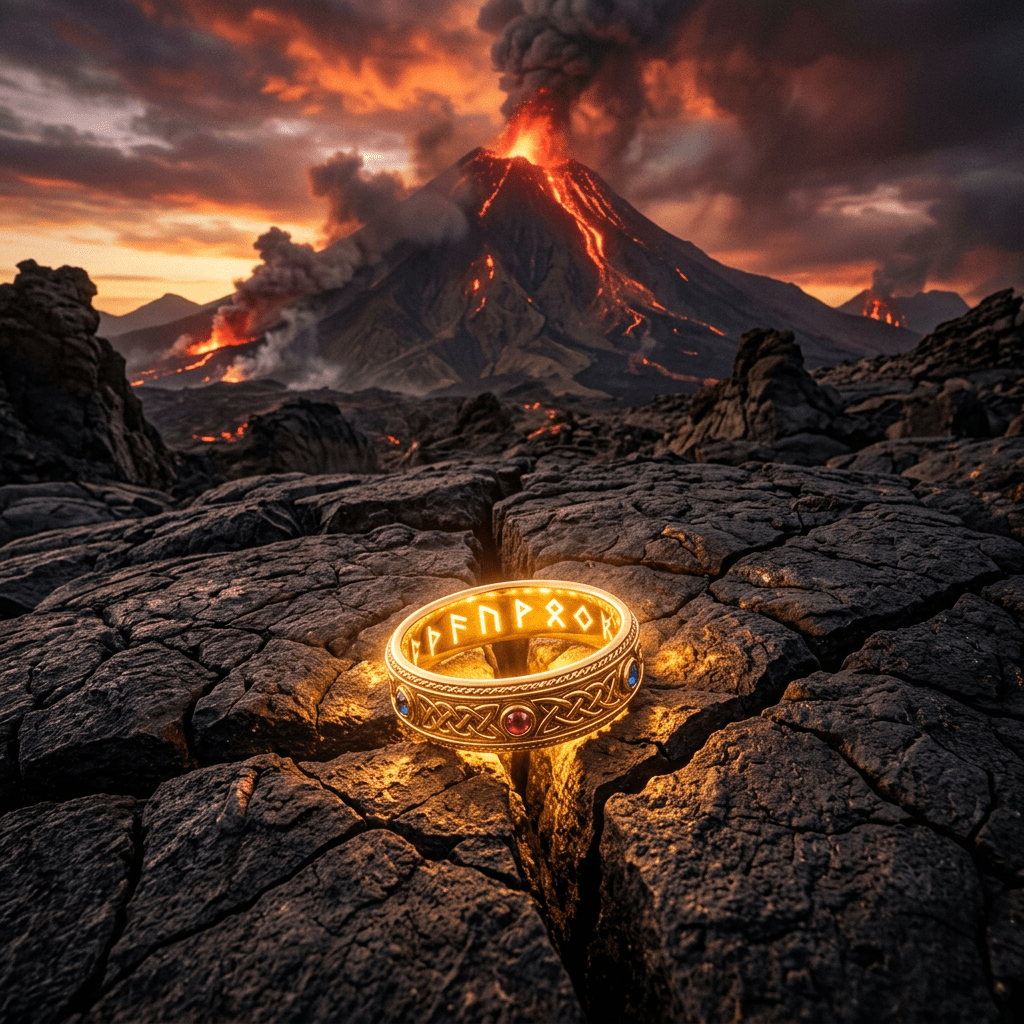 Glowing gold ring with runes and gems on cracked volcanic rock with erupting volcano in background