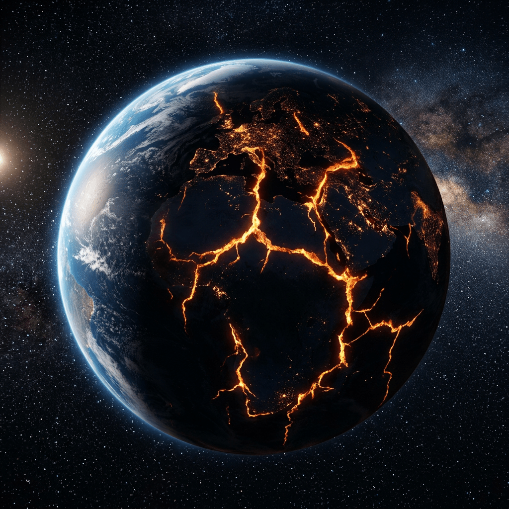 Earth viewed from space with glowing cracks representing tectonic plate boundaries