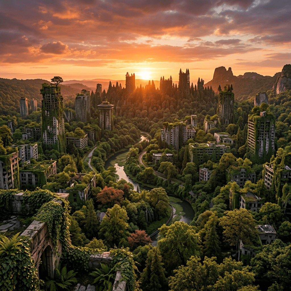 Abandoned city buildings covered in dense greenery and trees at sunset