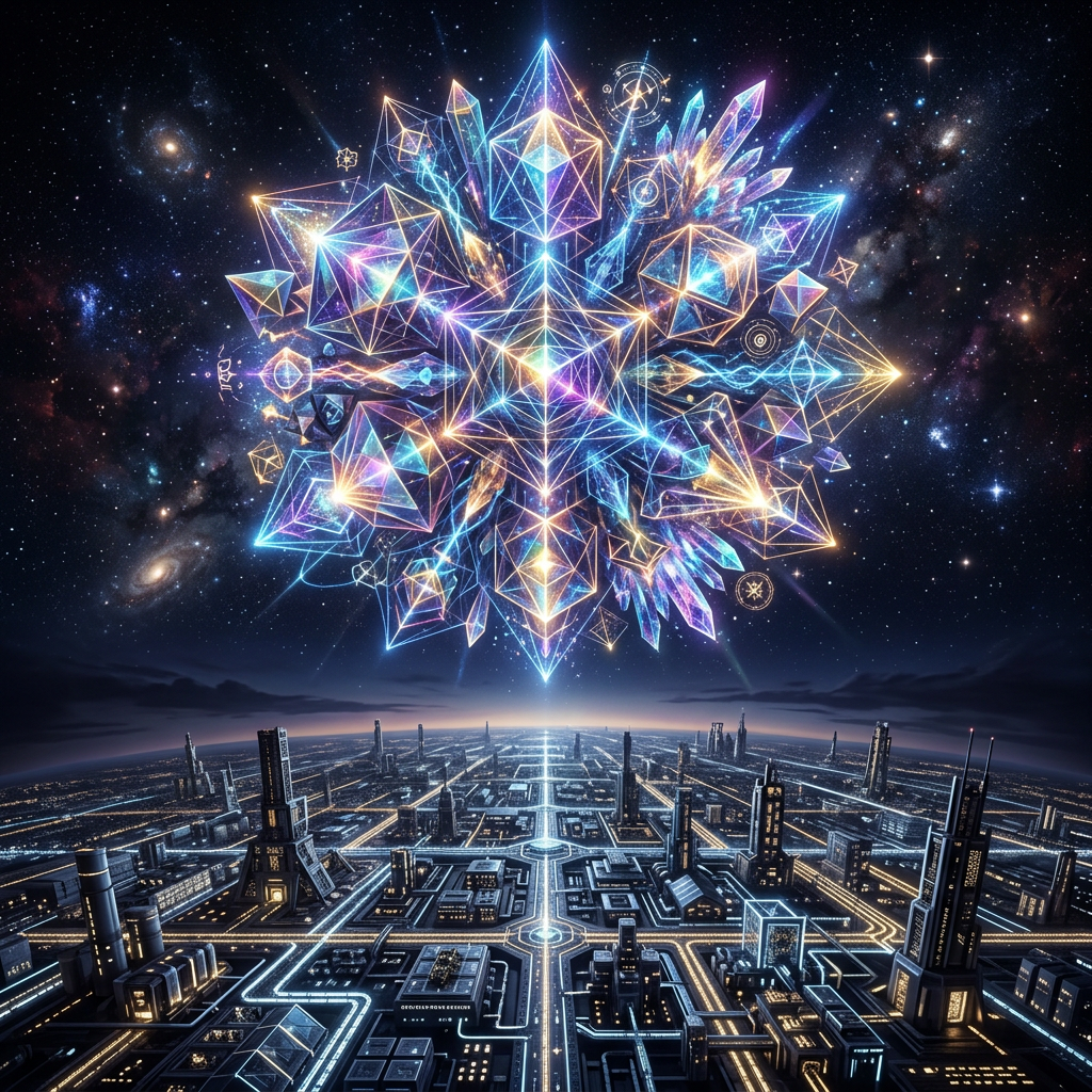 Glowing complex geometric structure above futuristic city at night