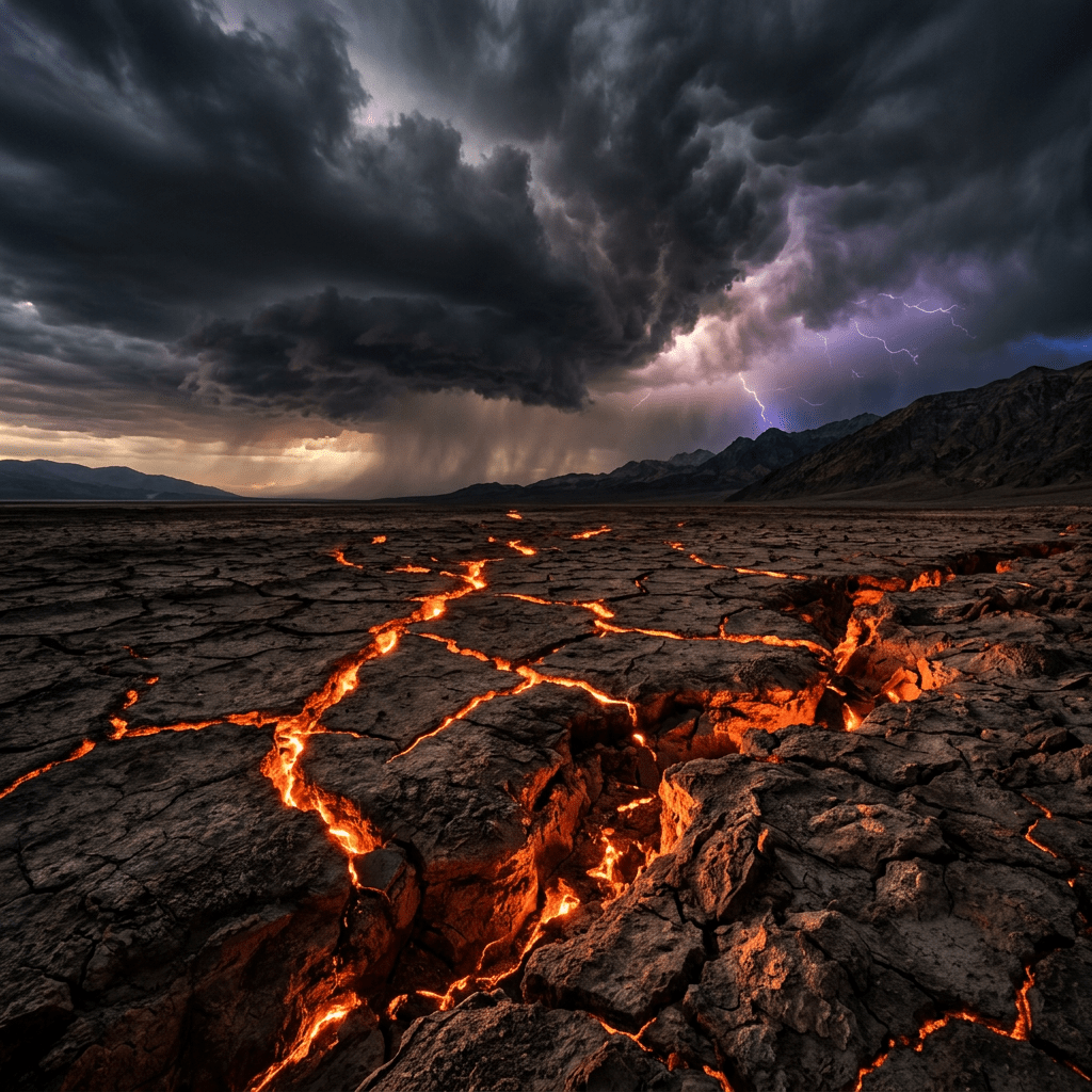 Cracked earth with glowing lava fissures under dark storm clouds and distant lightning