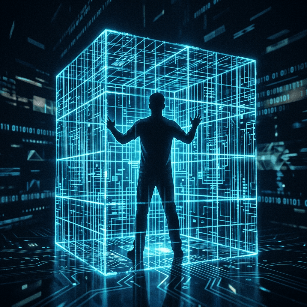 Silhouette of a person facing and touching a glowing blue digital cube with circuit patterns