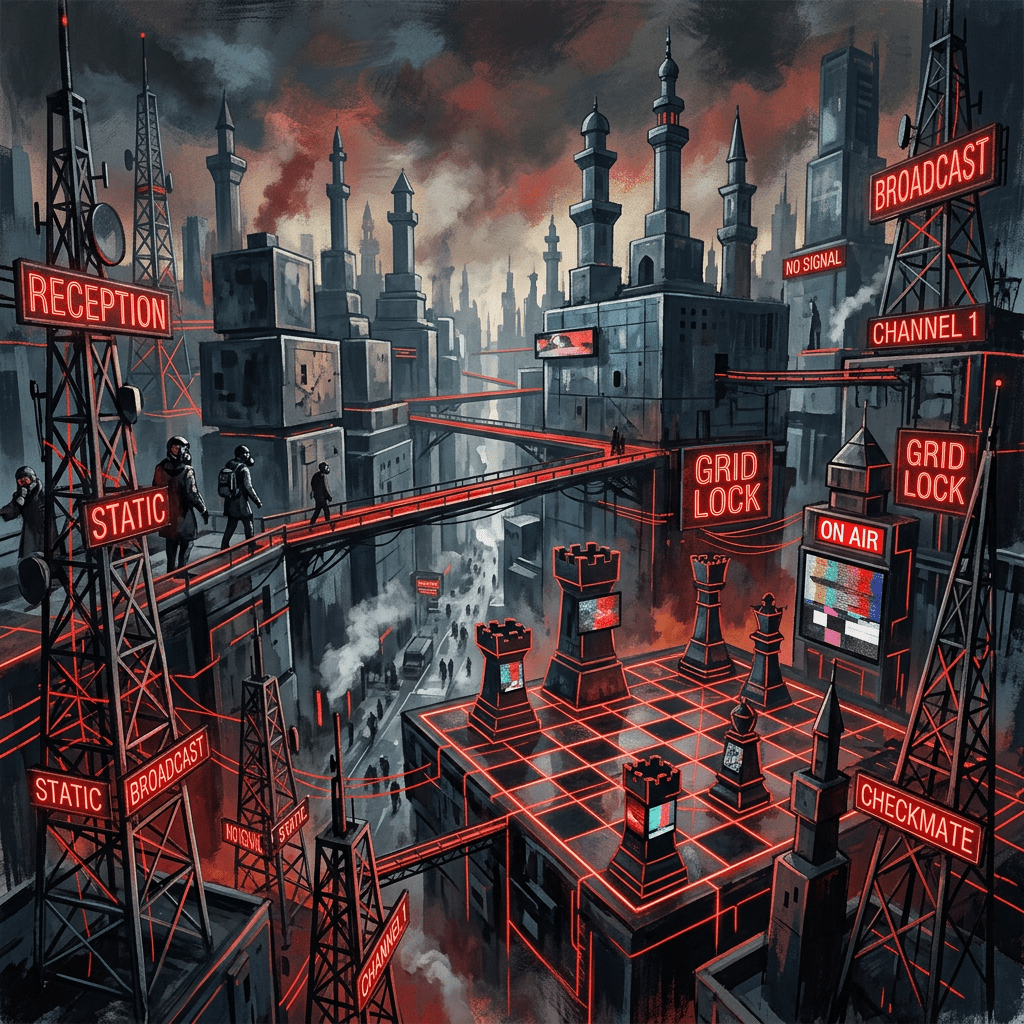 Futuristic city with chessboard rooftop and red neon signs showing broadcast errors like static, grid lock, and no signal