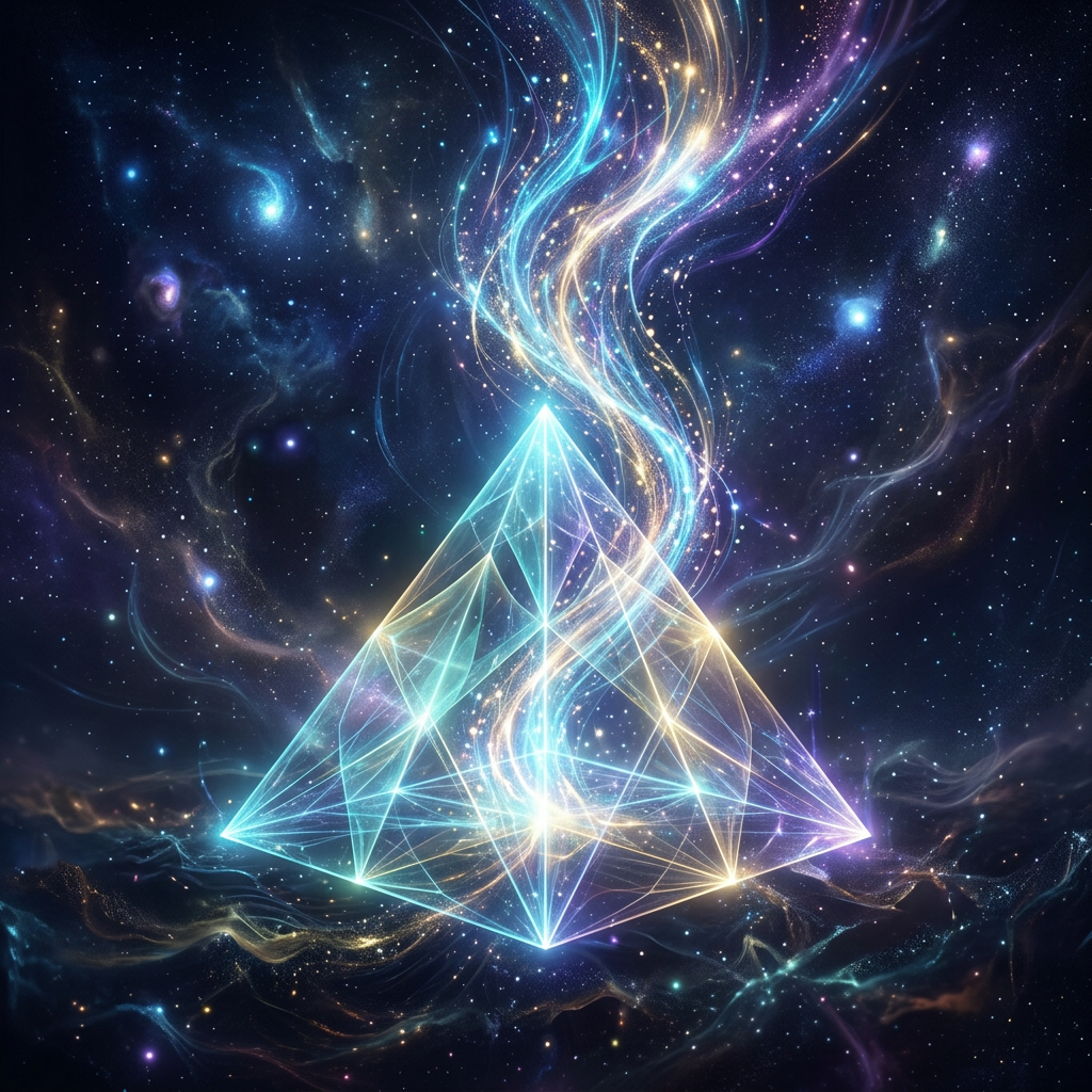 Glowing transparent pyramid with swirling energy streams in a star-filled cosmic background