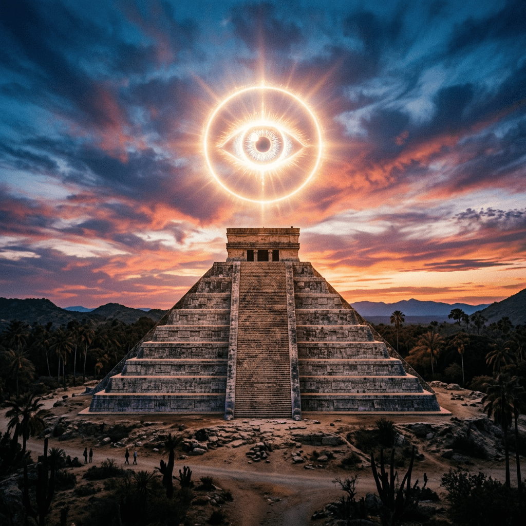 Stepped pyramid with glowing eye symbol in the sky at sunset