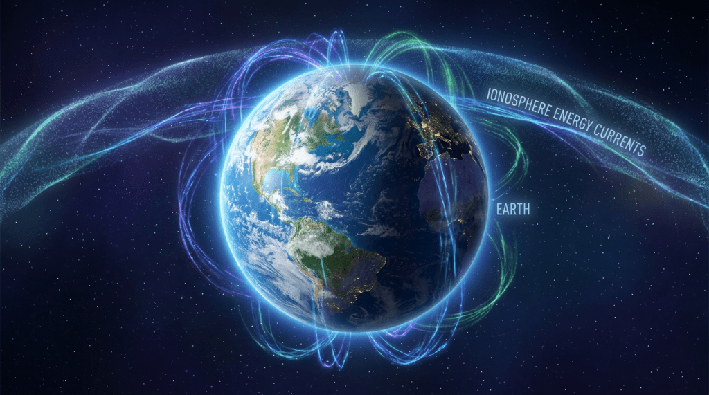 Earth with flowing ionosphere energy currents illustrated around it in space