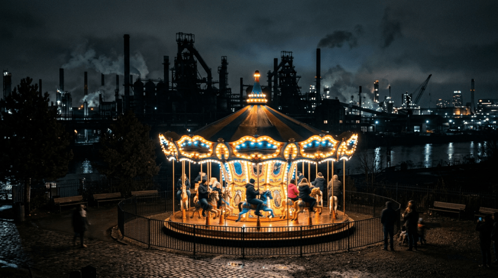 Carousel glowing with lights at night near industrial factory