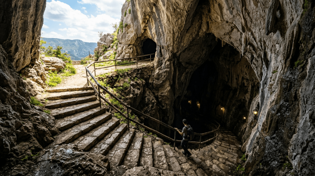 Individual walking down stone stairs inside a rocky mountain cave with handrails