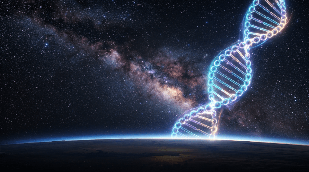 Glowing DNA double helix rising above Earth with stars and Milky Way in the background