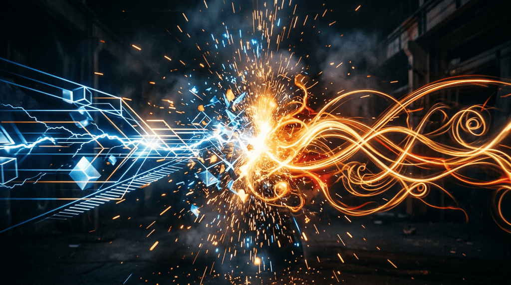 Blue digital circuitry and orange flames colliding with sparks