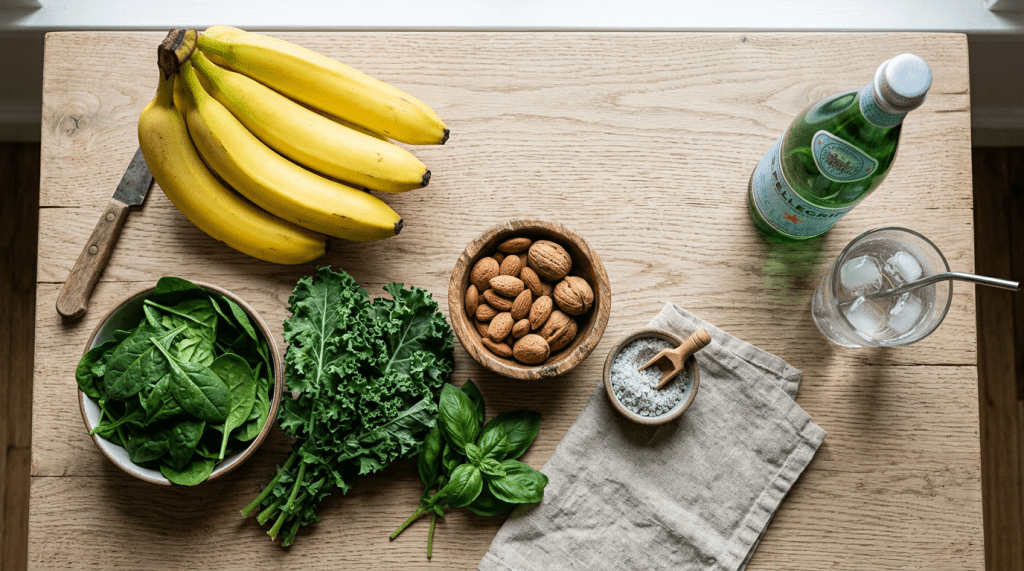 Bananas, spinach, kale, basil, bowl of almonds and walnuts, salt in bowl, sparkling water bottle and glass with ice