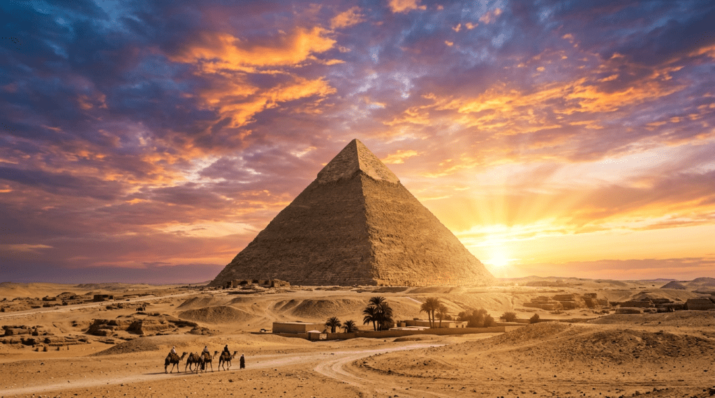 Great Pyramid of Giza at sunset with camels and desert landscape