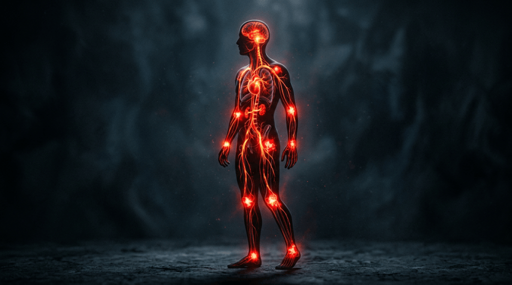 Digital human silhouette with glowing red pain points on nervous system pathways