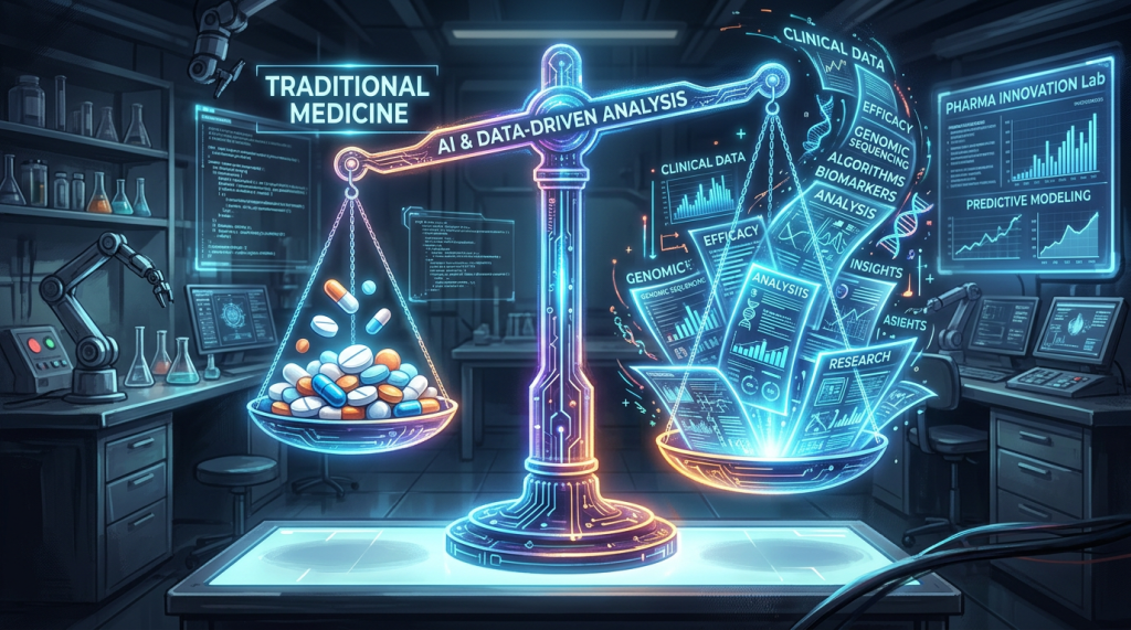Digital scale balancing traditional medicine pills and AI-driven data analysis in lab