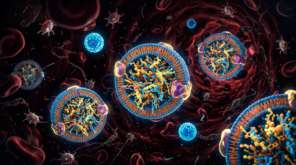 3D lipoproteins surrounded by blood cells in a vessel