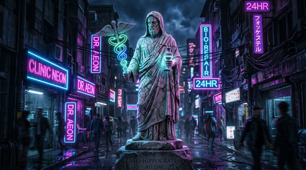 Statue of Neo-Hippocrates holding a glowing caduceus and chalice in a neon-lit futuristic street with medical clinic signs
