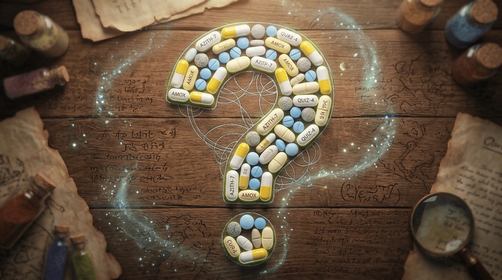 Question mark made of yellow, blue, and white pills and capsules on wooden surface with old documents and magnifying glass