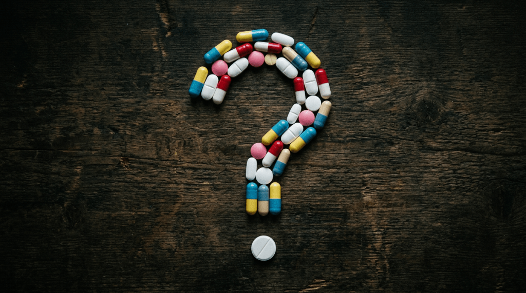 Antibiotic pills forming question mark top-down dark surface